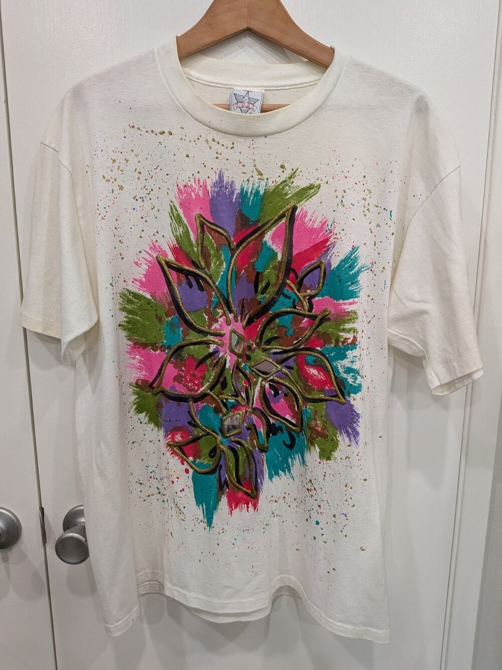Hand Painted T-shirt Puff Paint Mirrors VTG 90s Y2K Art To Wear KWBL one size os